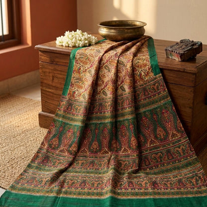 Sanskriti Vintage Saree Ivory-Green Soft 100% Pure Silk Print Sari 5.5+Yd Fabric