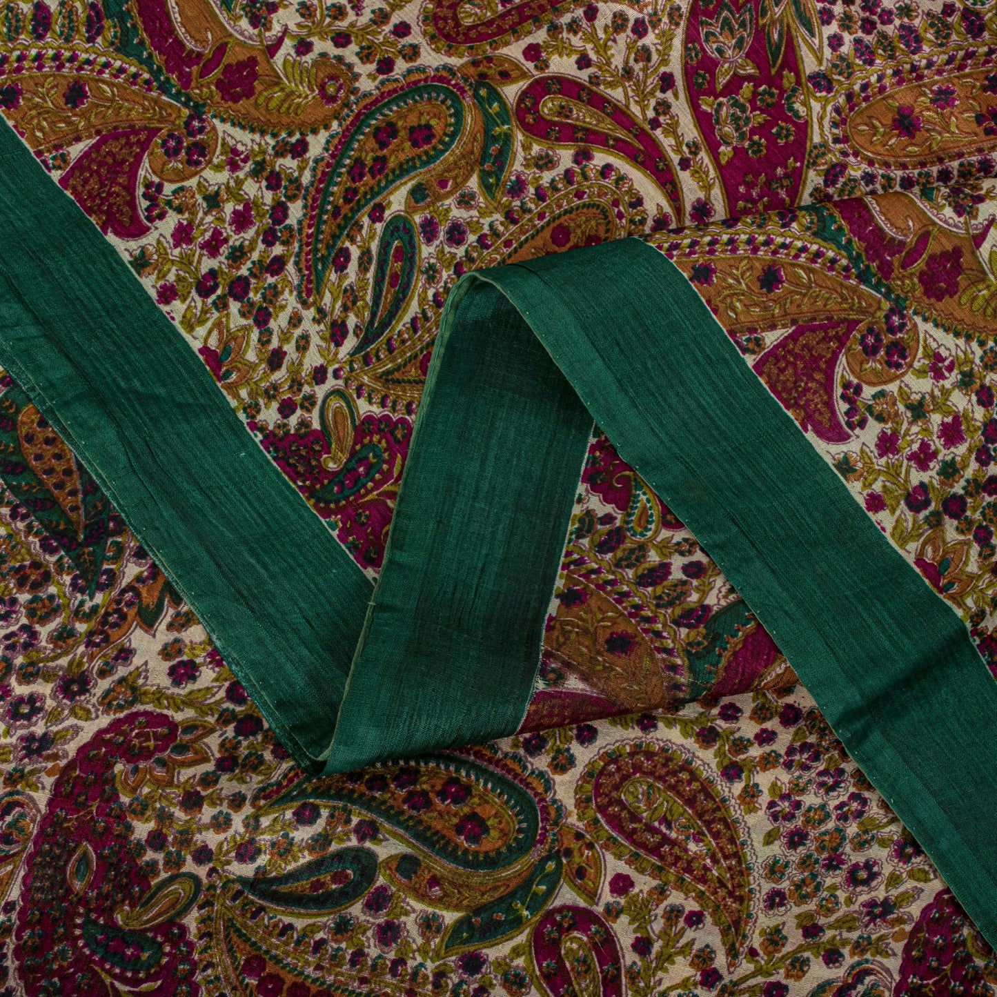 Sanskriti Vintage Saree Ivory-Green Soft 100% Pure Silk Print Sari 5.5+Yd Fabric