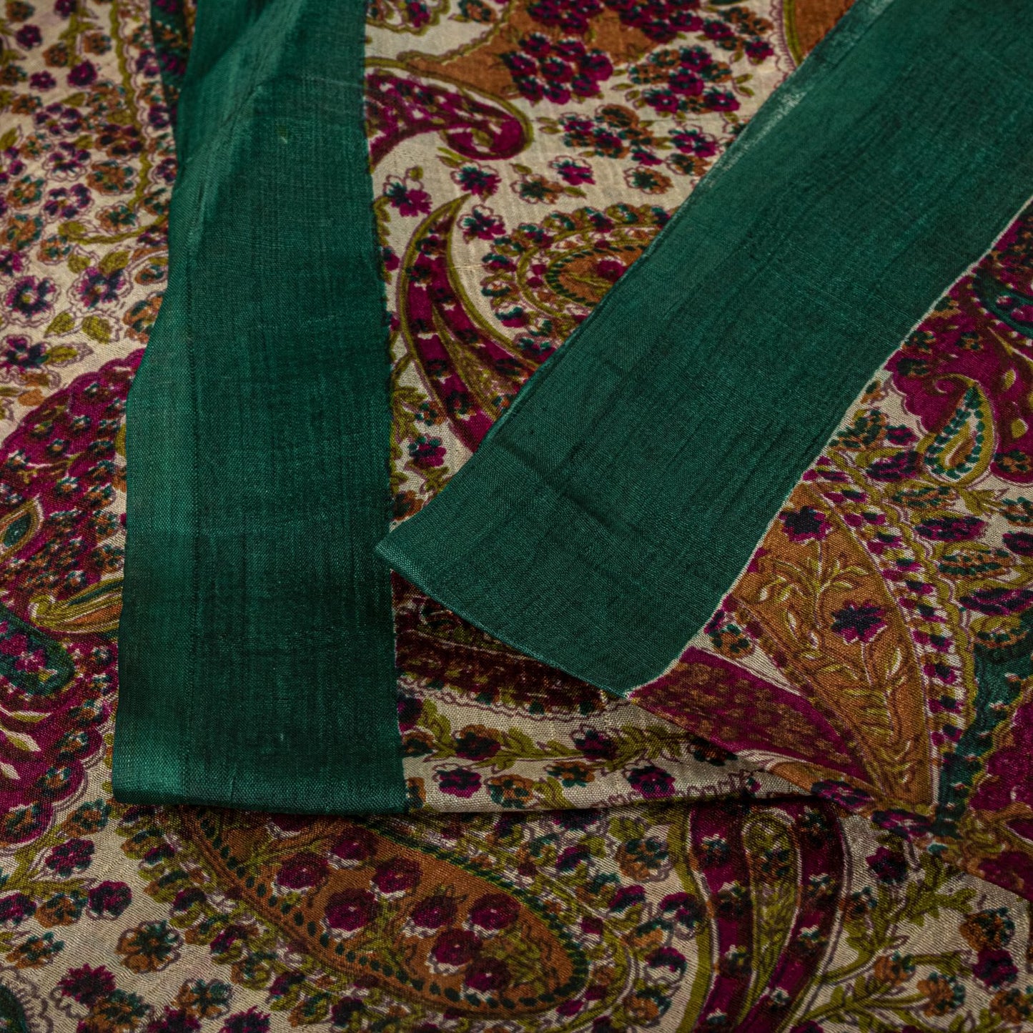Sanskriti Vintage Saree Ivory-Green Soft 100% Pure Silk Print Sari 5.5+Yd Fabric