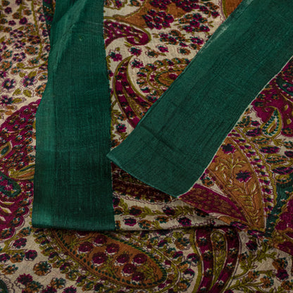 Sanskriti Vintage Saree Ivory-Green Soft 100% Pure Silk Print Sari 5.5+Yd Fabric
