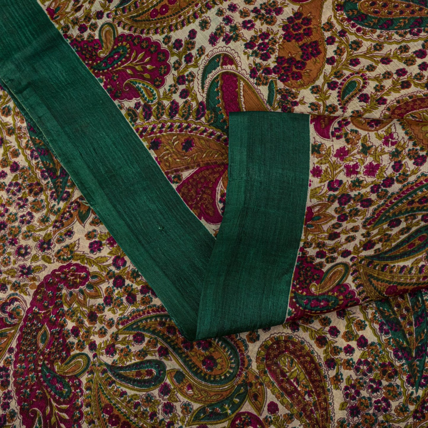 Sanskriti Vintage Saree Ivory-Green Soft 100% Pure Silk Print Sari 5.5+Yd Fabric