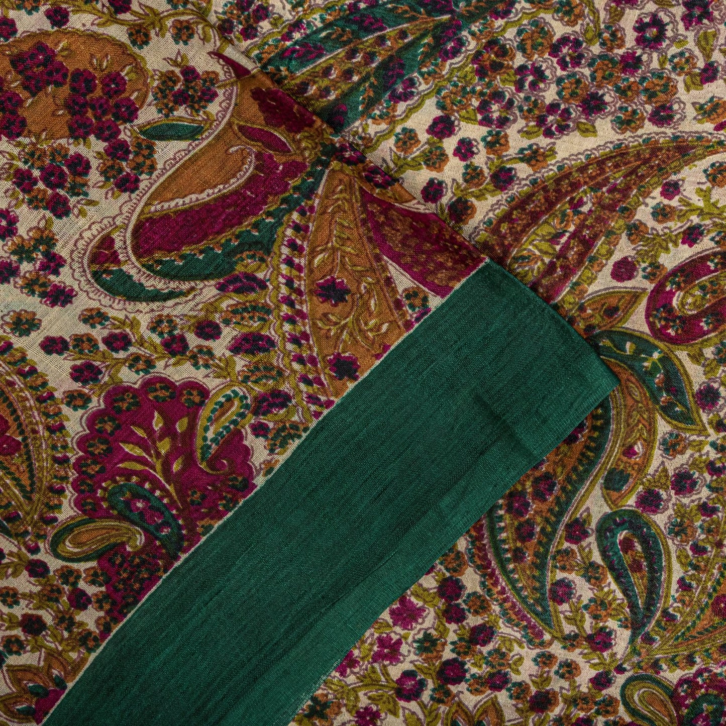 Sanskriti Vintage Saree Ivory-Green Soft 100% Pure Silk Print Sari 5.5+Yd Fabric