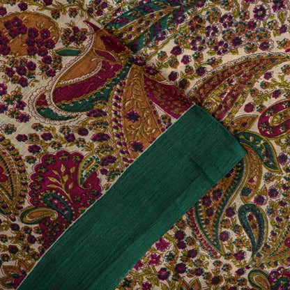 Sanskriti Vintage Saree Ivory-Green Soft 100% Pure Silk Print Sari 5.5+Yd Fabric