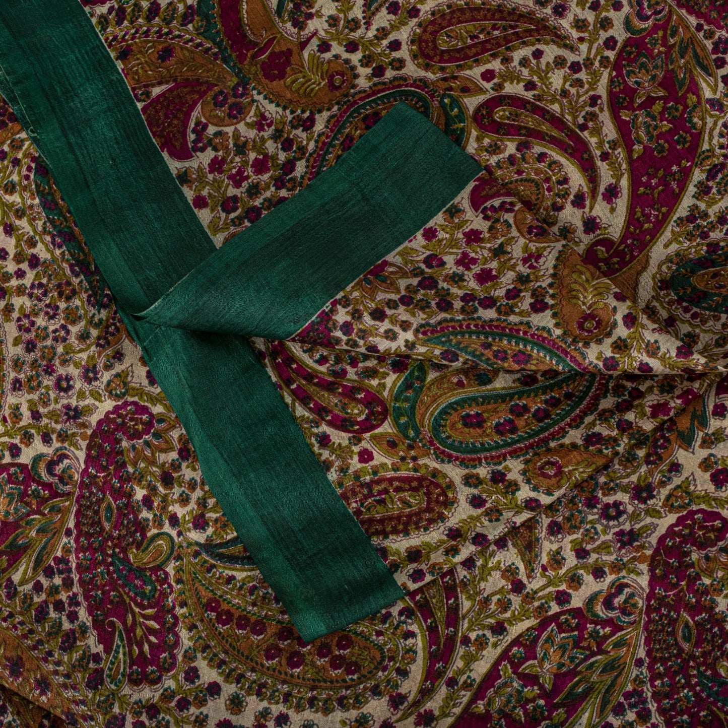 Sanskriti Vintage Saree Ivory-Green Soft 100% Pure Silk Print Sari 5.5+Yd Fabric