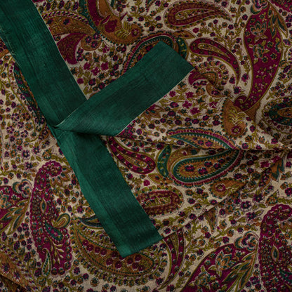 Sanskriti Vintage Saree Ivory-Green Soft 100% Pure Silk Print Sari 5.5+Yd Fabric