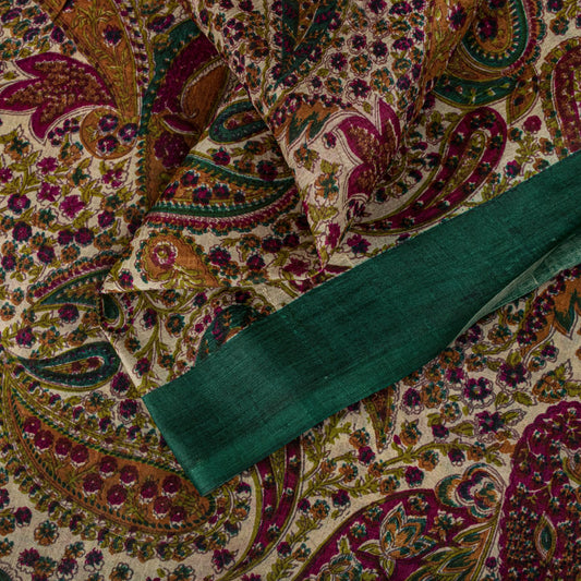 Sanskriti Vintage Saree Ivory-Green Soft 100% Pure Silk Print Sari 5.5+Yd Fabric
