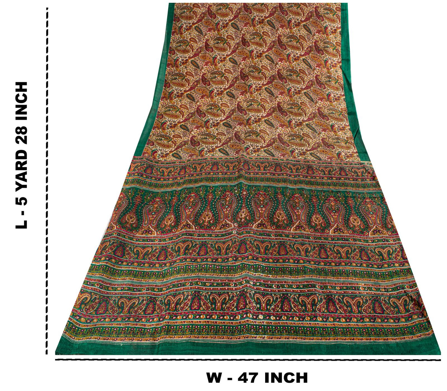 Sanskriti Vintage Saree Ivory-Green Soft 100% Pure Silk Print Sari 5.5+Yd Fabric
