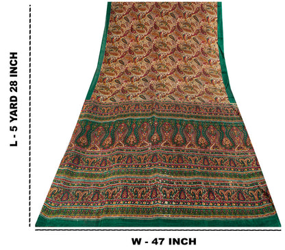 Sanskriti Vintage Saree Ivory-Green Soft 100% Pure Silk Print Sari 5.5+Yd Fabric