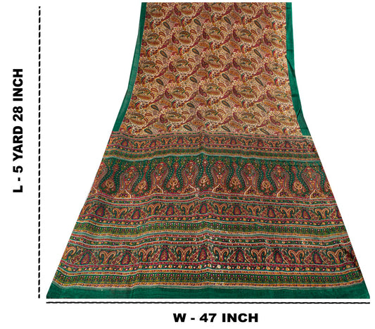 Sanskriti Vintage Saree Ivory-Green Soft 100% Pure Silk Print Sari 5.5+Yd Fabric