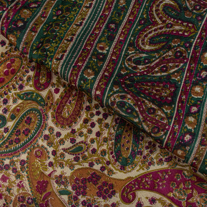Sanskriti Vintage Saree Ivory-Green Soft 100% Pure Silk Print Sari 5.5+Yd Fabric