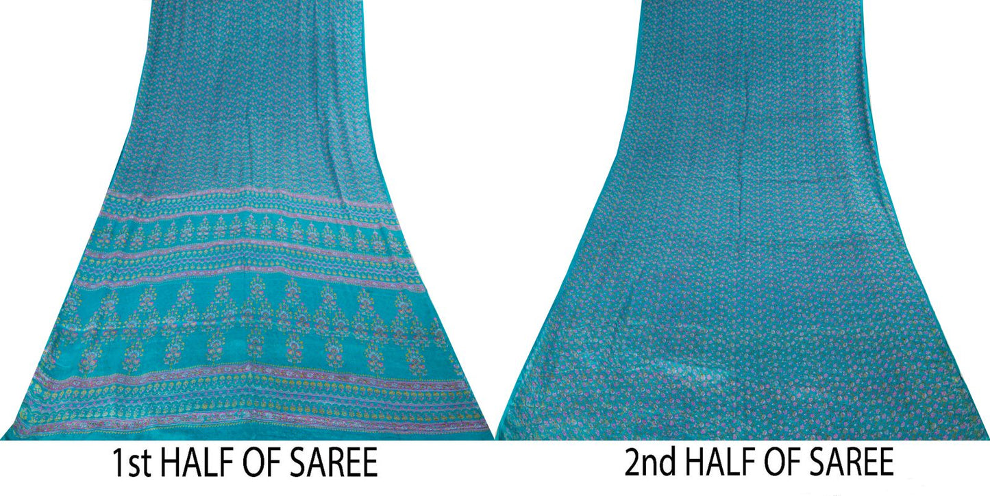 Sanskriti Vintage Blue Pure Silk Saree Floral Print Sari Craft Fabric 6+Yard Diy