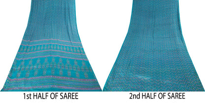 Sanskriti Vintage Blue Pure Silk Saree Floral Print Sari Craft Fabric 6+Yard Diy