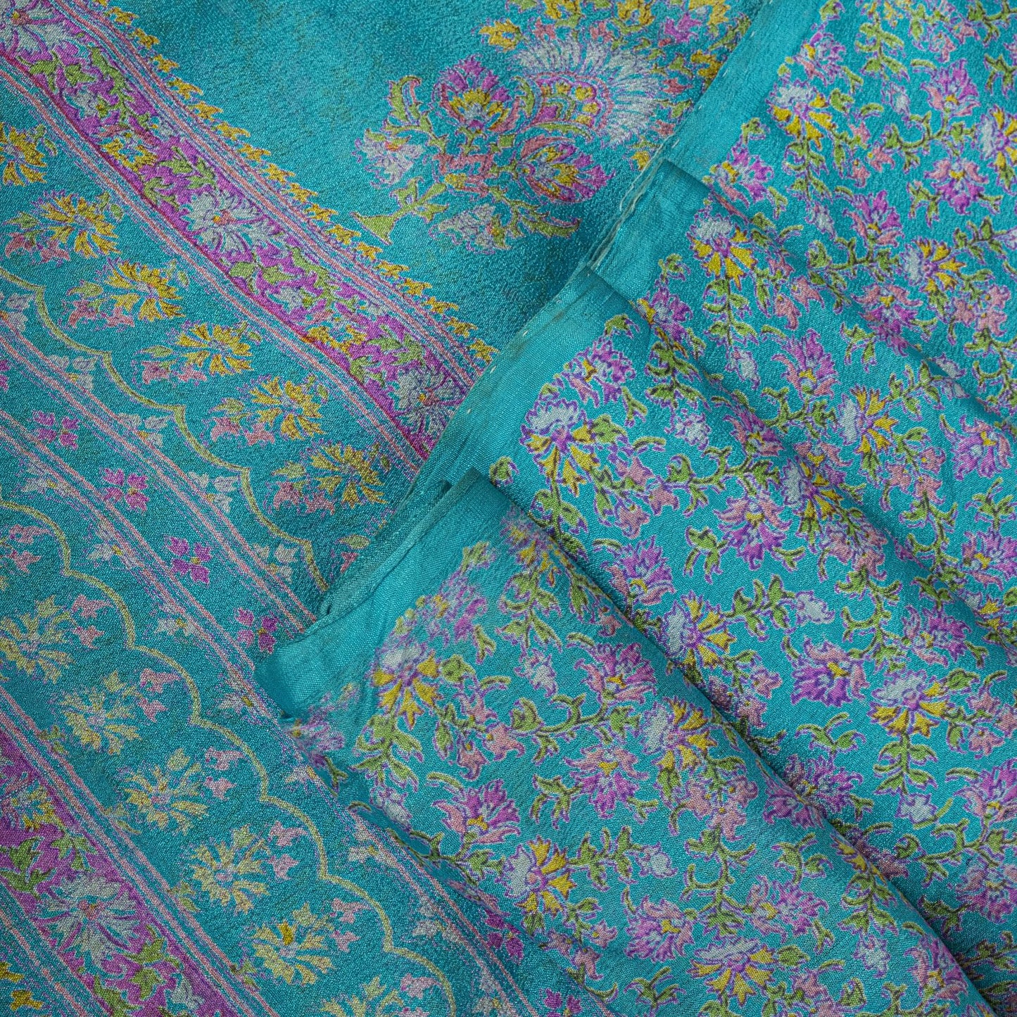 Sanskriti Vintage Blue Pure Silk Saree Floral Print Sari Craft Fabric 6+Yard Diy