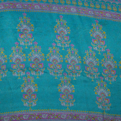 Sanskriti Vintage Blue Pure Silk Saree Floral Print Sari Craft Fabric 6+Yard Diy