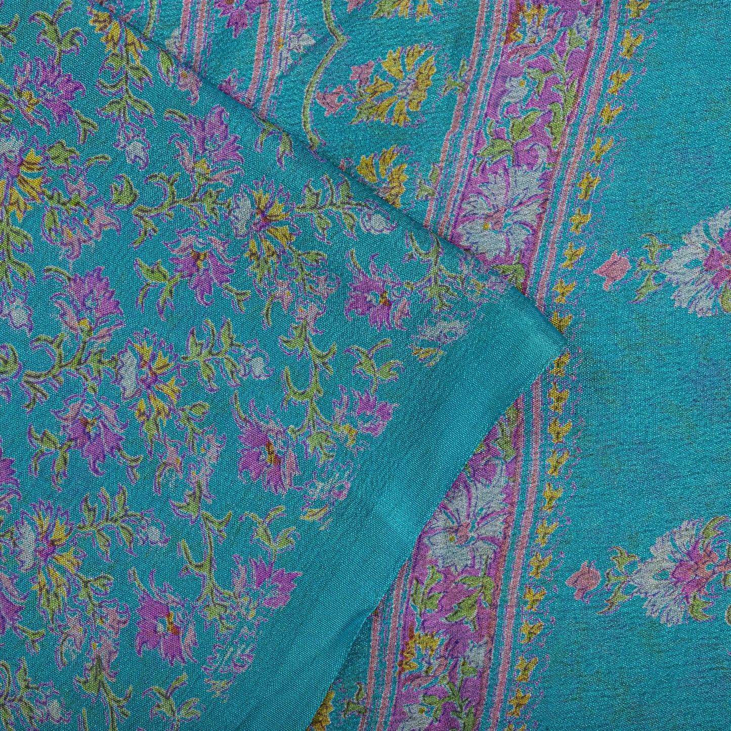 Sanskriti Vintage Blue Pure Silk Saree Floral Print Sari Craft Fabric 6+Yard Diy