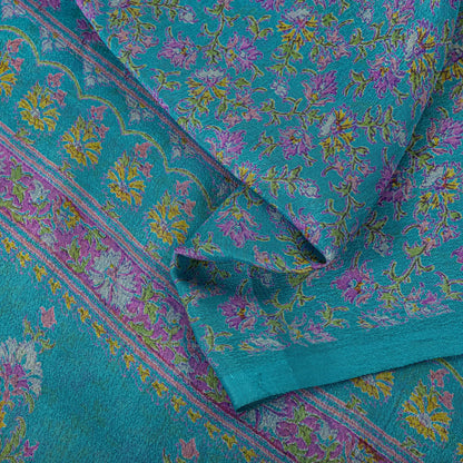 Sanskriti Vintage Blue Pure Silk Saree Floral Print Sari Craft Fabric 6+Yard Diy