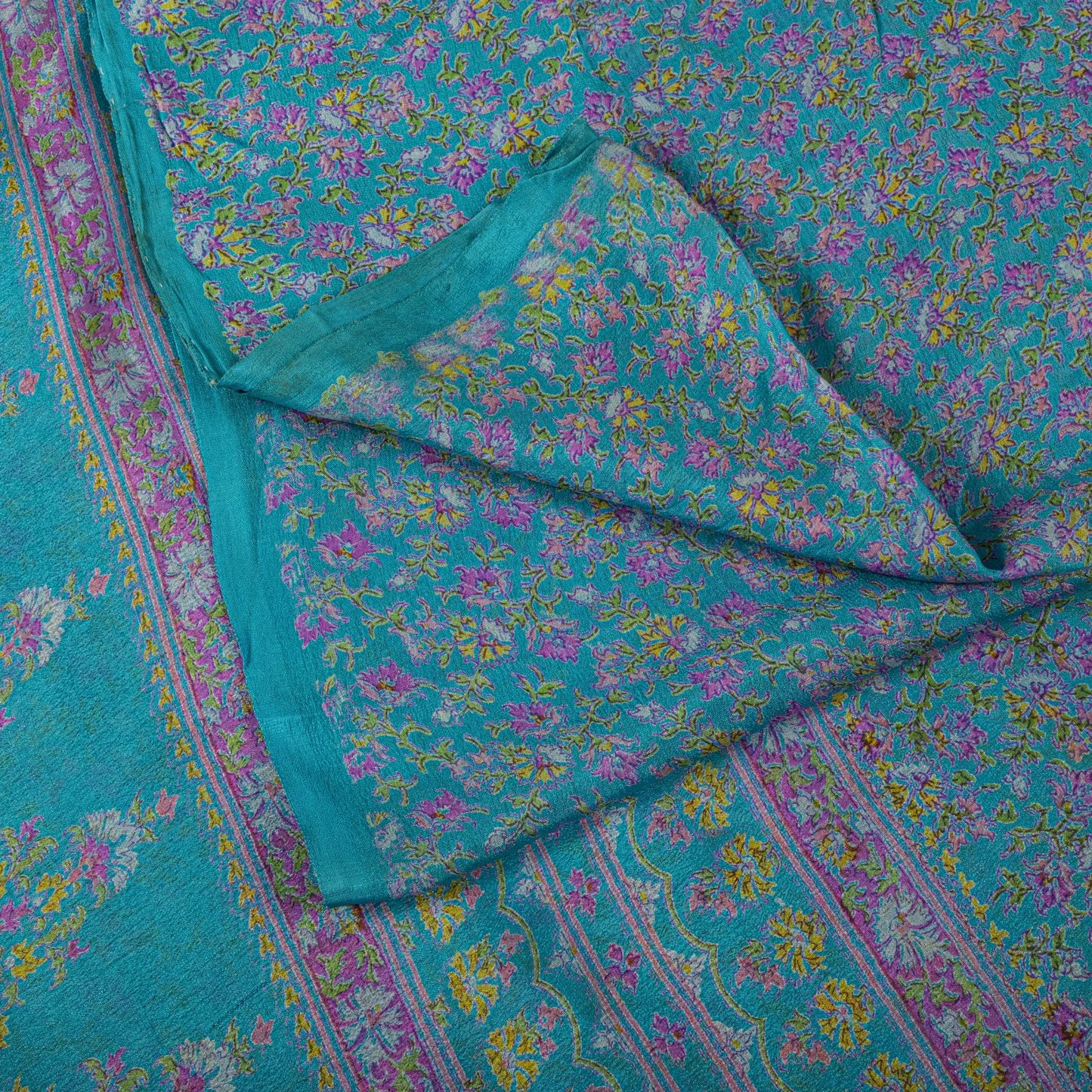 Sanskriti Vintage Blue Pure Silk Saree Floral Print Sari Craft Fabric 6+Yard Diy