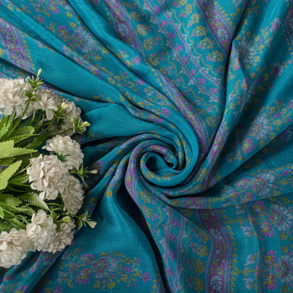 Sanskriti Vintage Blue Pure Silk Saree Floral Print Sari Craft Fabric 6+Yard Diy