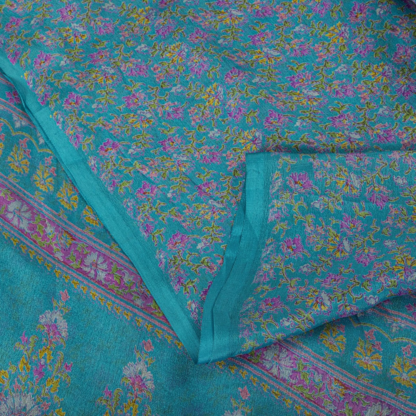 Sanskriti Vintage Blue Pure Silk Saree Floral Print Sari Craft Fabric 6+Yard Diy