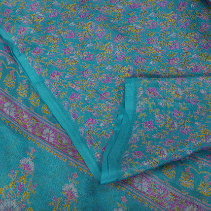 Sanskriti Vintage Blue Pure Silk Saree Floral Print Sari Craft Fabric 6+Yard Diy