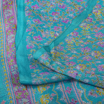 Sanskriti Vintage Blue Pure Silk Saree Floral Print Sari Craft Fabric 6+Yard Diy