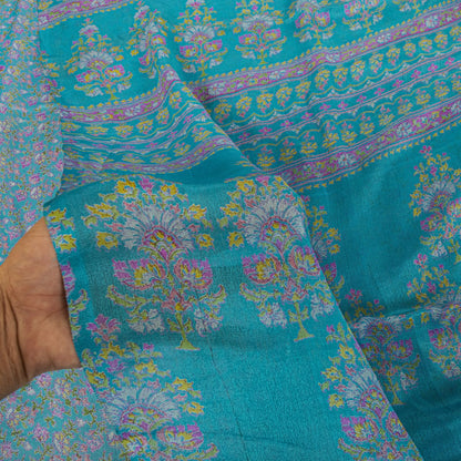 Sanskriti Vintage Blue Pure Silk Saree Floral Print Sari Craft Fabric 6+Yard Diy