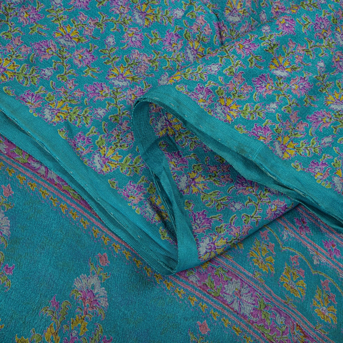 Sanskriti Vintage Blue Pure Silk Saree Floral Print Sari Craft Fabric 6+Yard Diy