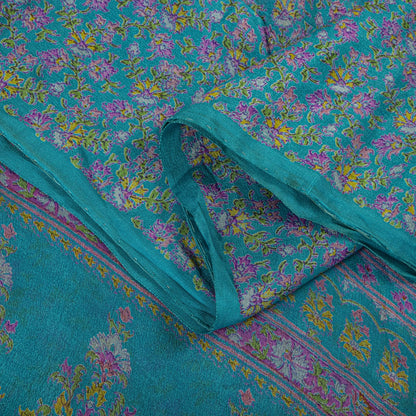 Sanskriti Vintage Blue Pure Silk Saree Floral Print Sari Craft Fabric 6+Yard Diy