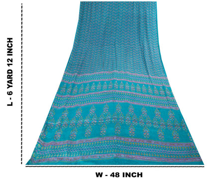 Sanskriti Vintage Blue Pure Silk Saree Floral Print Sari Craft Fabric 6+Yard Diy