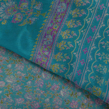 Sanskriti Vintage Blue Pure Silk Saree Floral Print Sari Craft Fabric 6+Yard Diy
