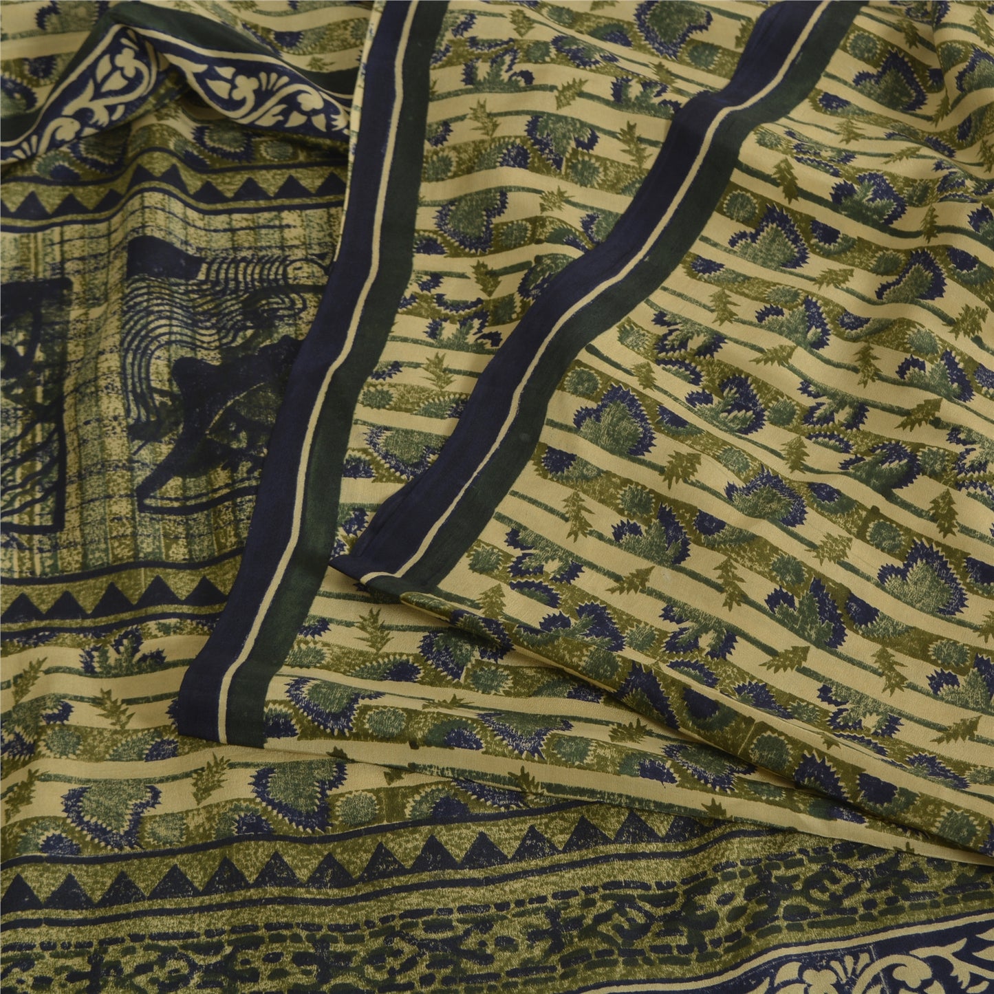 Sanskriti Vintage Cream Sarees Pure Crepe Abstract Print Sari 5+yd Craft Fabric