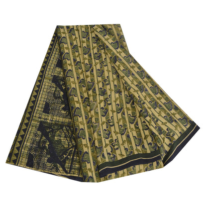 Sanskriti Vintage Cream Sarees Pure Crepe Abstract Print Sari 5+yd Craft Fabric