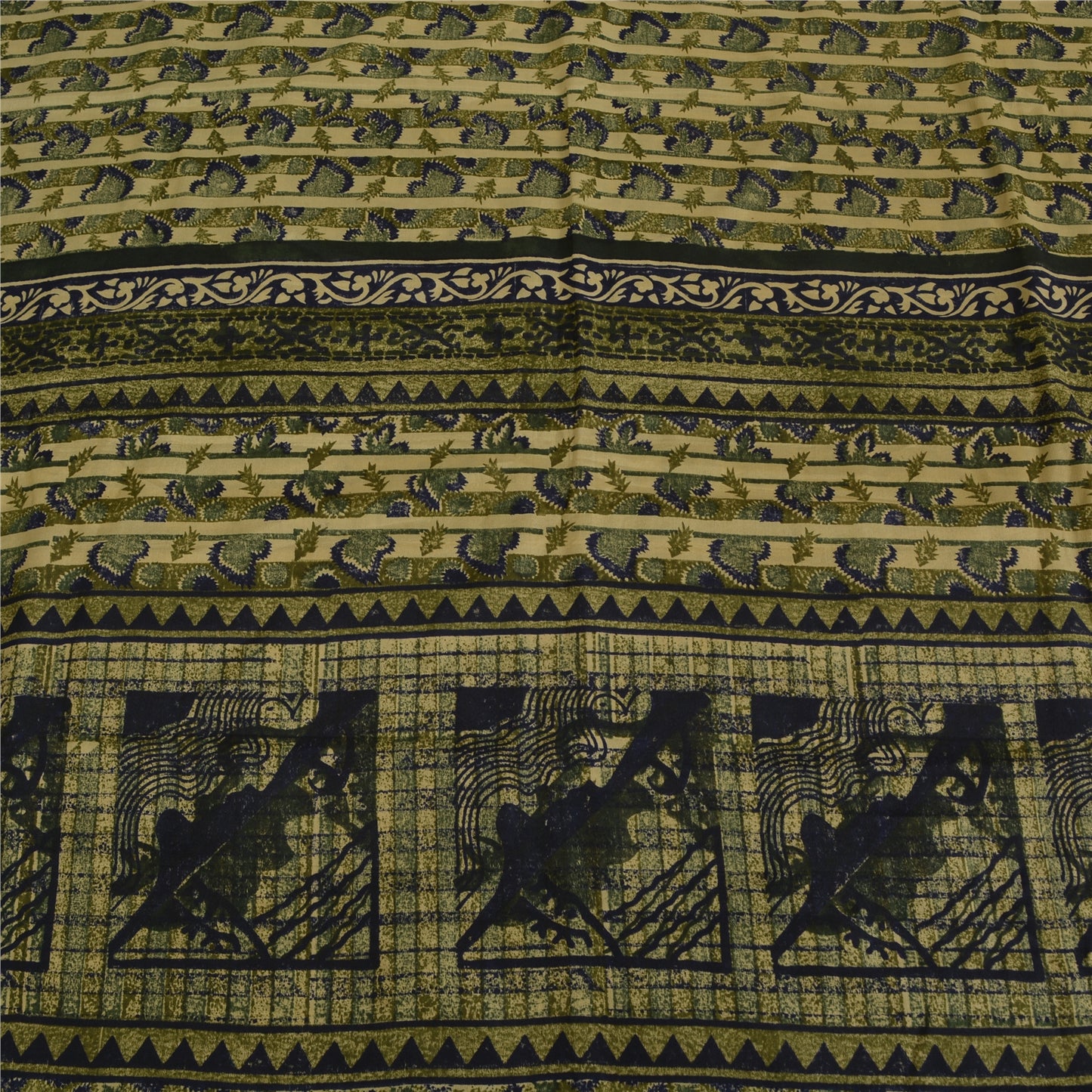 Sanskriti Vintage Cream Sarees Pure Crepe Abstract Print Sari 5+yd Craft Fabric