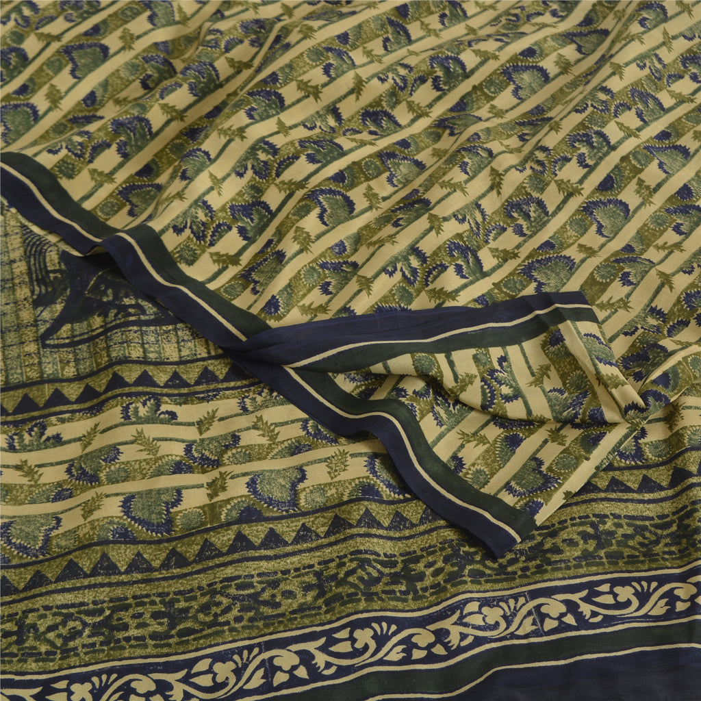 Sanskriti Vintage Cream Sarees Pure Crepe Abstract Print Sari 5+yd Craft Fabric