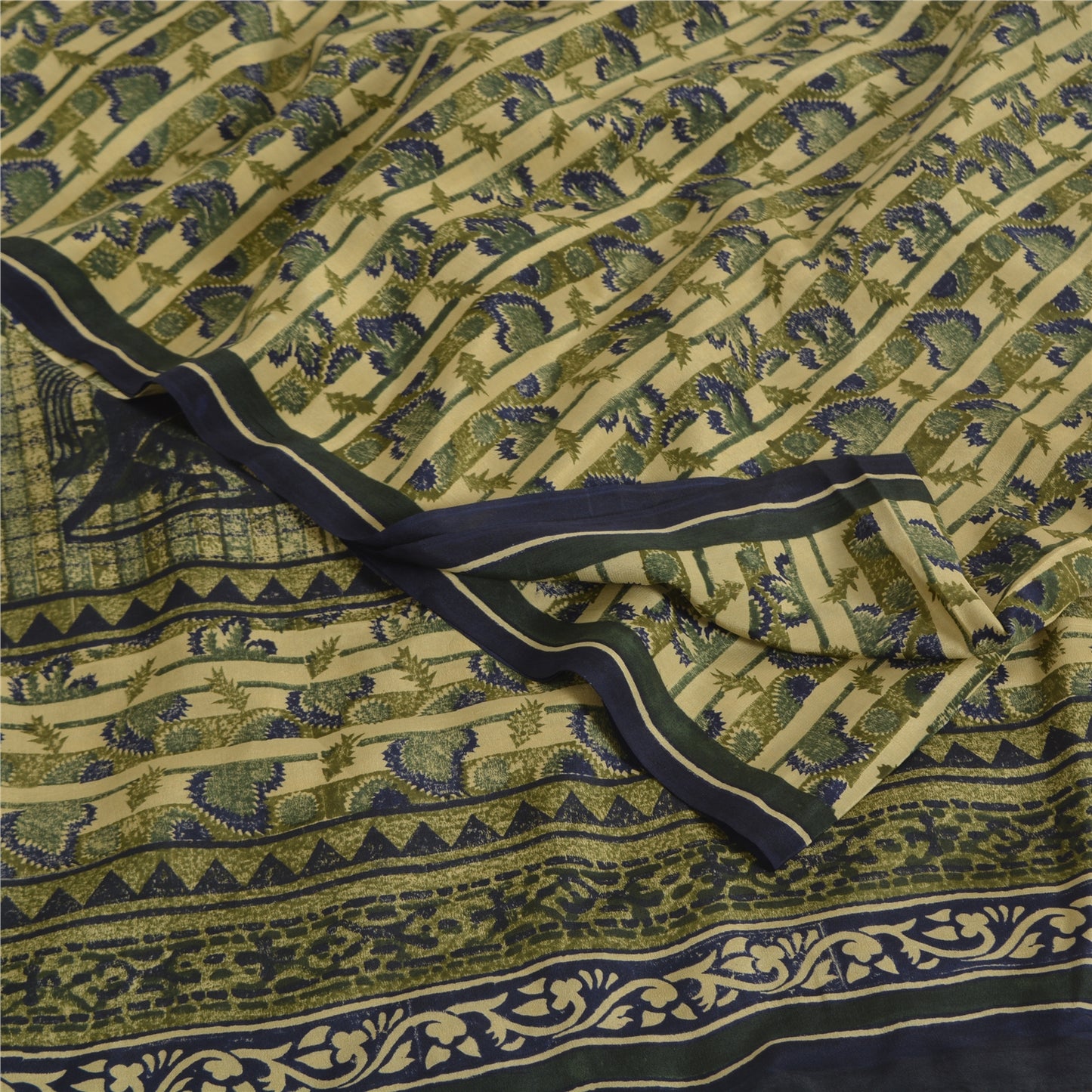 Sanskriti Vintage Cream Sarees Pure Crepe Abstract Print Sari 5+yd Craft Fabric