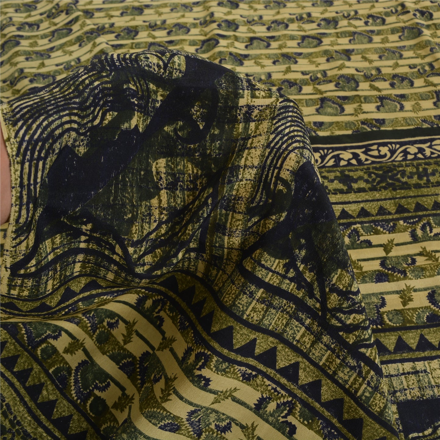 Sanskriti Vintage Cream Sarees Pure Crepe Abstract Print Sari 5+yd Craft Fabric
