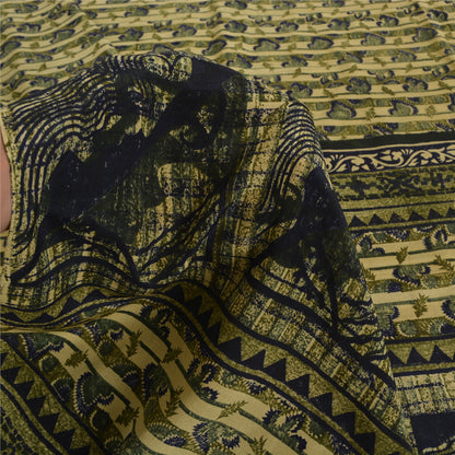 Sanskriti Vintage Cream Sarees Pure Crepe Abstract Print Sari 5+yd Craft Fabric