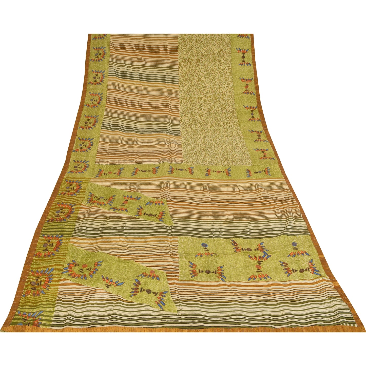 Sanskriti Vintage Green Sarees Pure Crepe Silk Printed Sari Craft  Soft Fabric