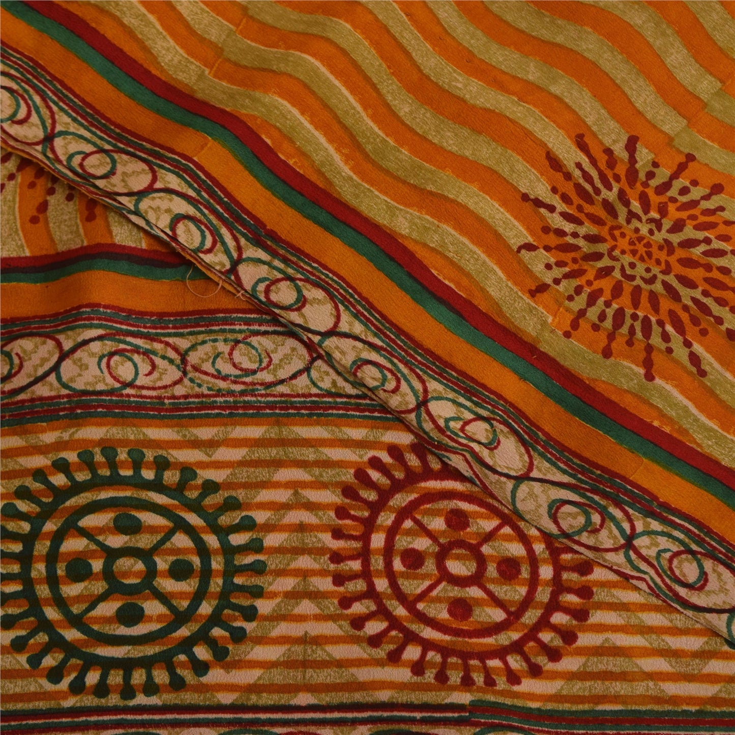 Sanskriti Vintage Saffron Sarees 100% Pure Crepe Silk Printed Fabric Craft Sari