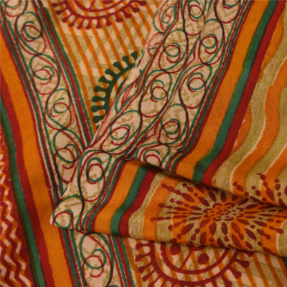 Sanskriti Vintage Saffron Sarees 100% Pure Crepe Silk Printed Fabric Craft Sari