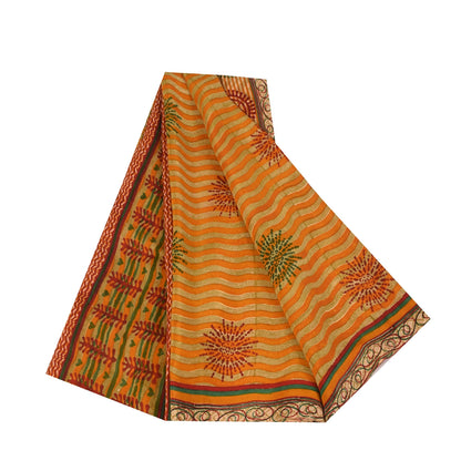 Sanskriti Vintage Saffron Sarees 100% Pure Crepe Silk Printed Fabric Craft Sari