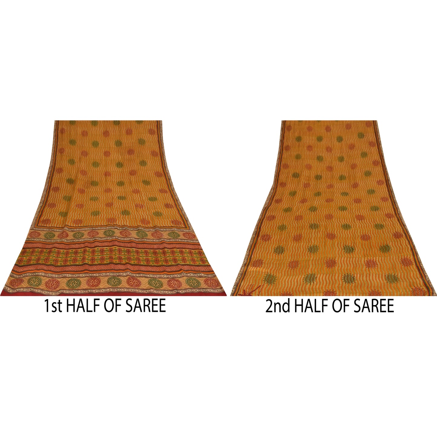 Sanskriti Vintage Saffron Sarees 100% Pure Crepe Silk Printed Fabric Craft Sari