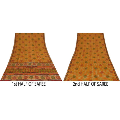 Sanskriti Vintage Saffron Sarees 100% Pure Crepe Silk Printed Fabric Craft Sari