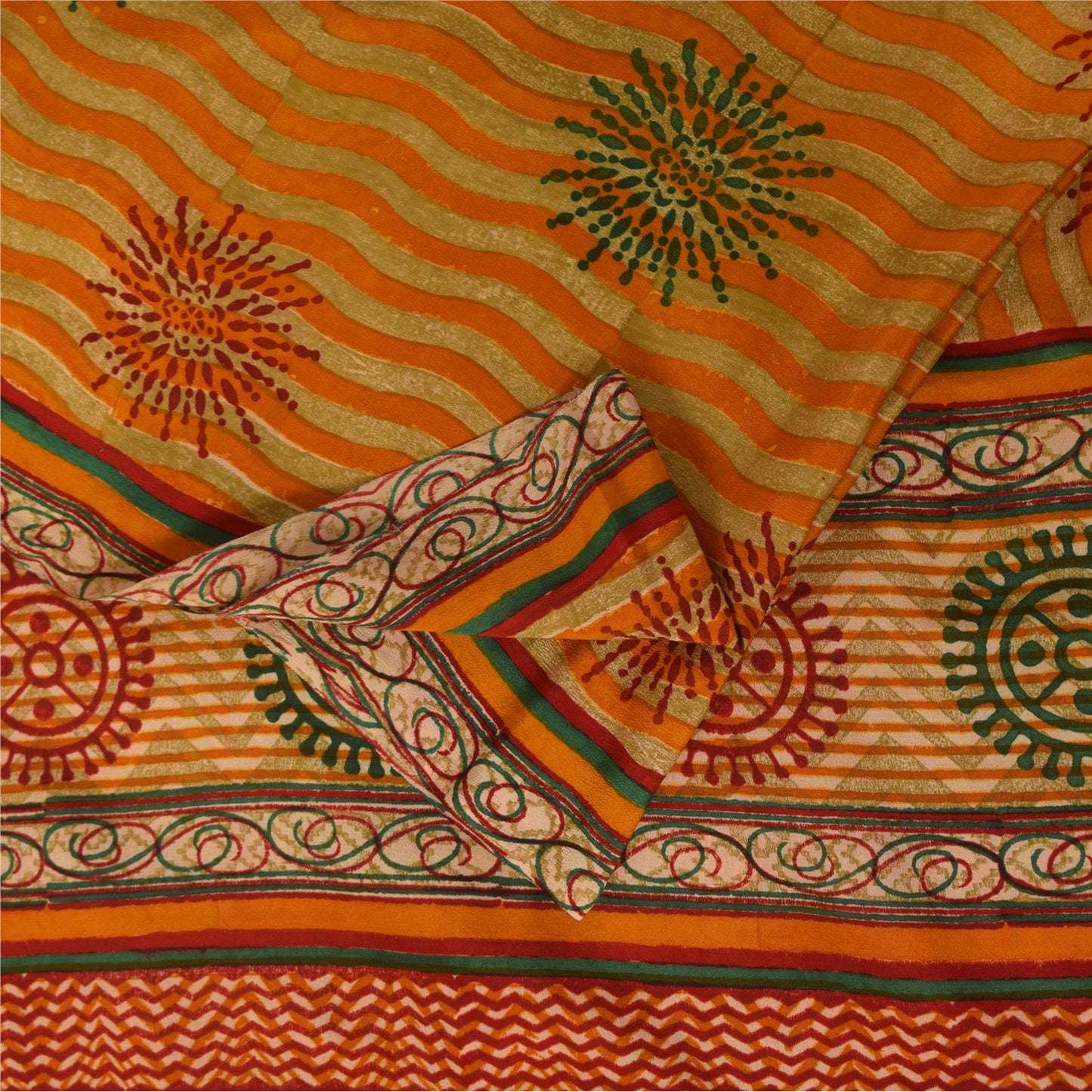 Sanskriti Vintage Saffron Sarees 100% Pure Crepe Silk Printed Fabric Craft Sari