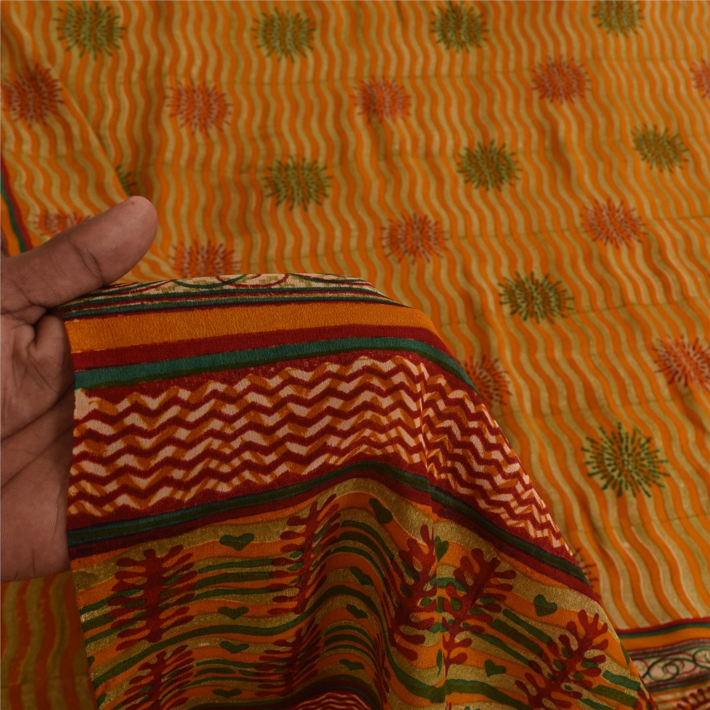 Sanskriti Vintage Saffron Sarees 100% Pure Crepe Silk Printed Fabric Craft Sari