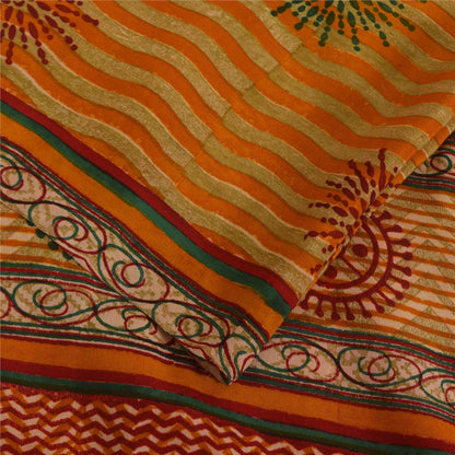 Sanskriti Vintage Saffron Sarees 100% Pure Crepe Silk Printed Fabric Craft Sari