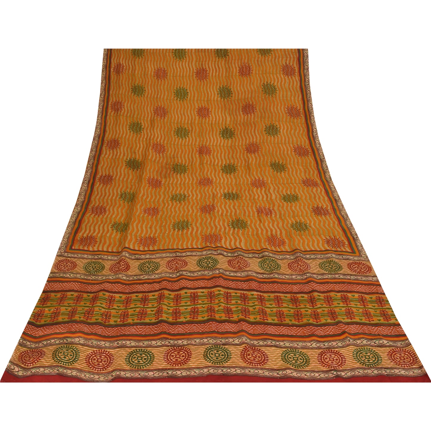Sanskriti Vintage Saffron Sarees 100% Pure Crepe Silk Printed Fabric Craft Sari