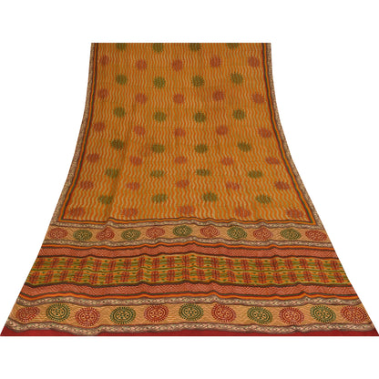 Sanskriti Vintage Saffron Sarees 100% Pure Crepe Silk Printed Fabric Craft Sari