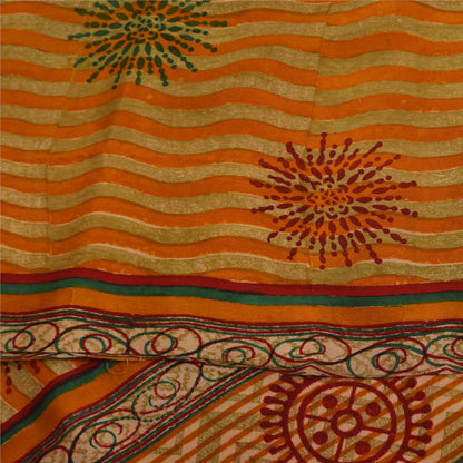 Sanskriti Vintage Saffron Sarees 100% Pure Crepe Silk Printed Fabric Craft Sari