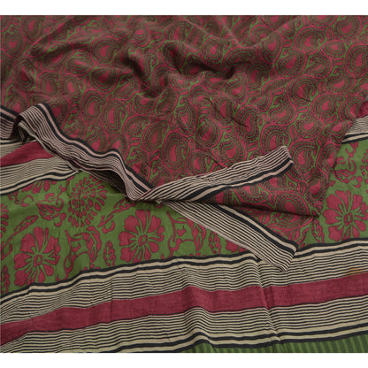 Sanskriti Vintage Sarees Purple/Green Sari Pure Crepe Silk Printed Craft Fabric